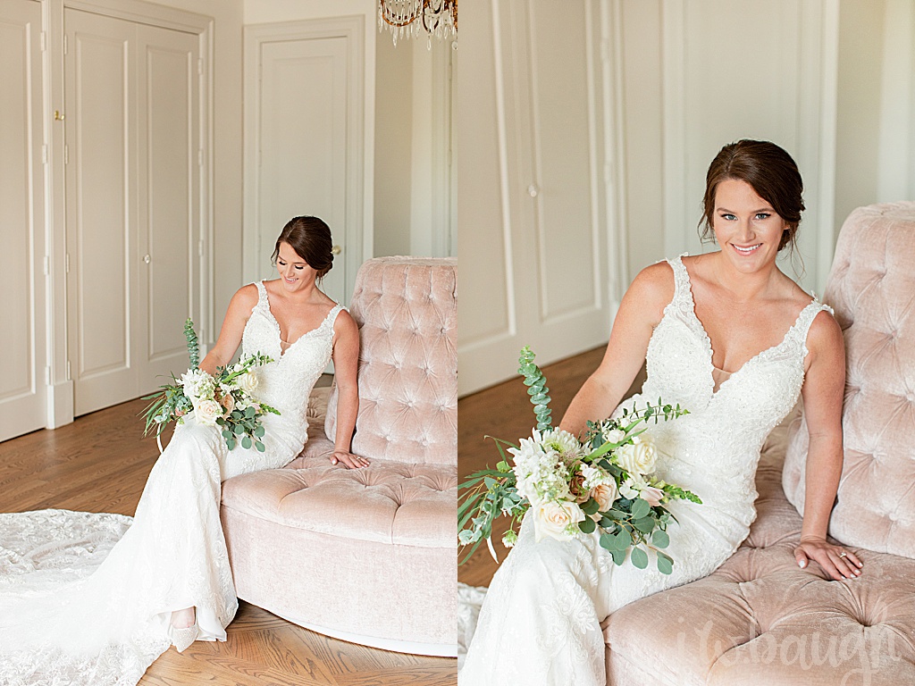 bride sitting on pink velvet chair